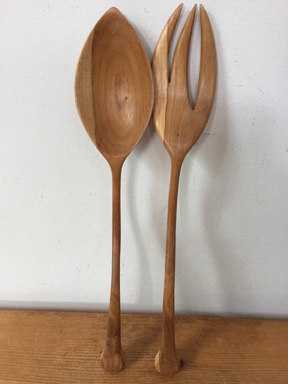 Vtg Mid Century Danish Modern Handcarved Hardwood Salad Serving Spoon Fork Set